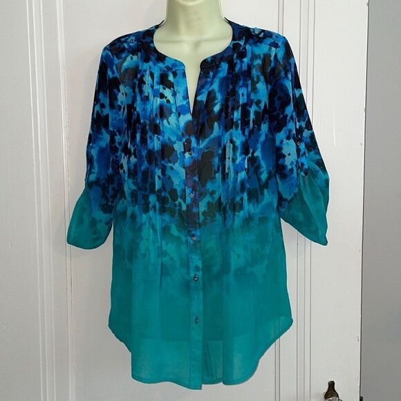 Chaus semi sheer blue/green watercolors pleat bodice button front blouse - Picture 1 of 9